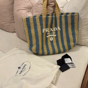 Prada Raffia Tote in White/Blue Stripe - like new!